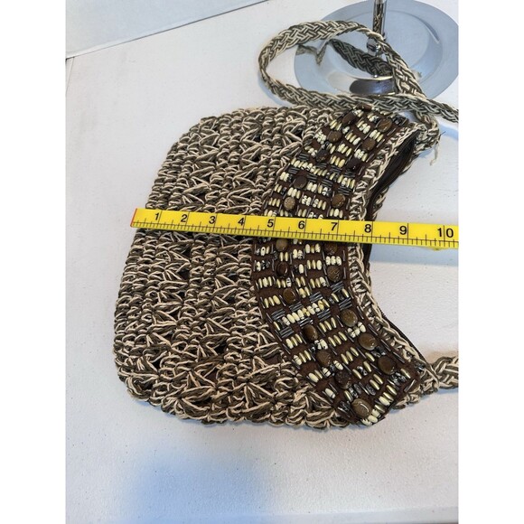 Vintage Sun N San Brown 1986 woven macramé beaded bohemian BoHo shoulder bag - Picture 7 of 12